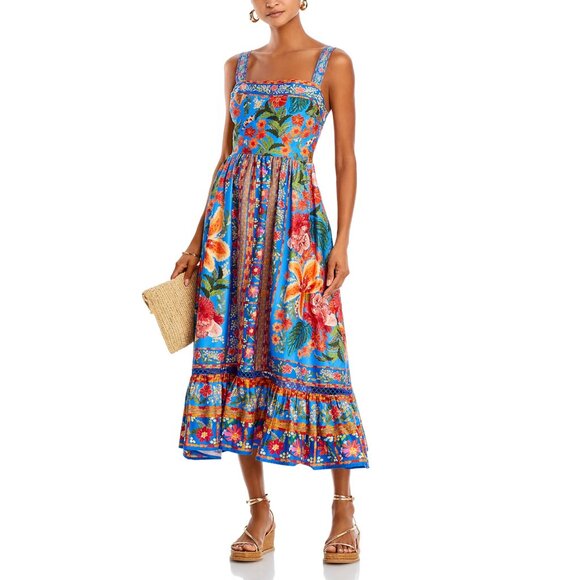 FARM Rio Dresses & Skirts - FARM Rio Vibrant Blue Floral Midi Dress with Orange & Pink Blooms